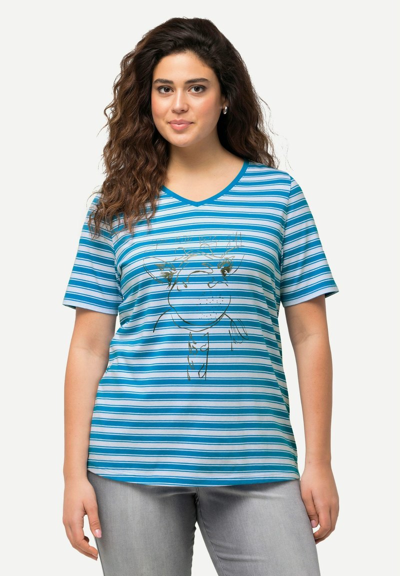 Blauwe en witte gestreepte T-shirt met korte mouwen en een V-hals, met een cartoonafdruk in gouden inkt op de voorkant.