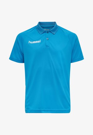 Niebieska koszulka polo wykonana z gładkiego materiału. Posiada klasyczny kołnierzyk, zapięcie na dwa guziki oraz logo "hummel" w kolorze białym z przodu.