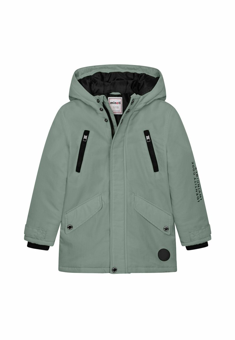 Veste d'hiver pour enfants de couleur vert clair avec capuche, poches zippées noires, devant à boutons-pression, et texte "IDENTITY CODE INVINCIBLE" sur la manche gauche.