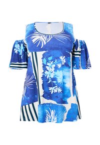 Bluse mit blauem Blumenmuster, kurzärmeligen Puffärmeln, quadratischem Ausschnitt und einer Mischung aus einfarbigen blauen und gestreiften Designs. Glatte Stoffqualität mit lockerer Passform.