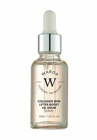 Przezroczysta butelka z kroplomierzem wypełniona lekkim złotym serum. Posiada srebrną zakrętkę i biały kroplomierz, oznaczona etykietą "Warda Luxury Skincare". 30 ml.