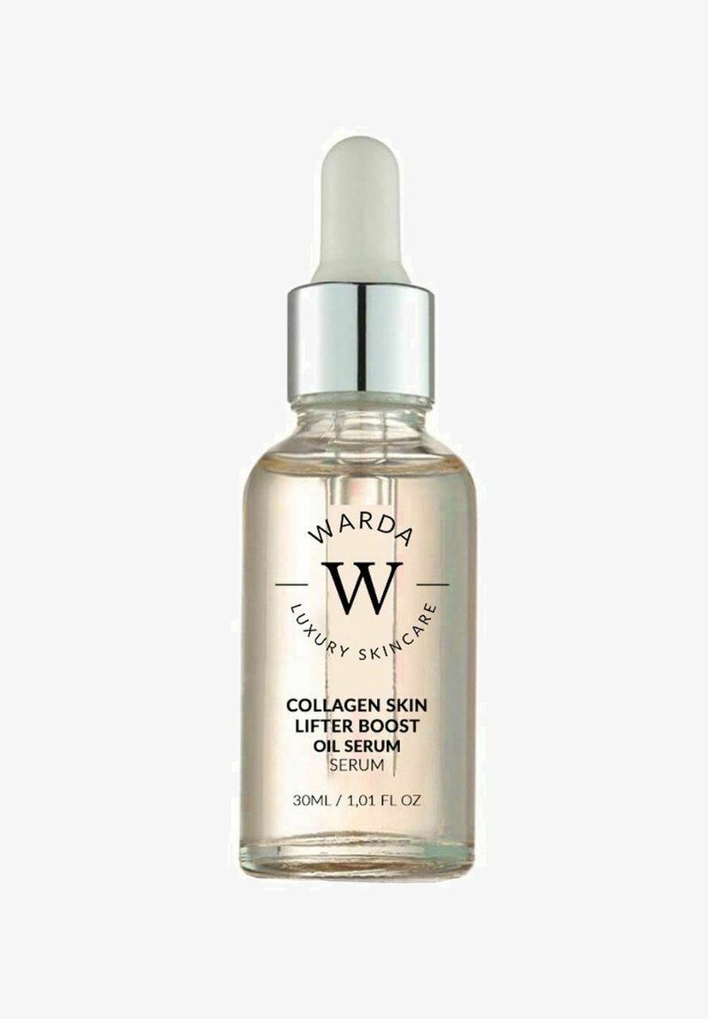 Przezroczysta butelka z kroplomierzem wypełniona lekkim złotym serum. Posiada srebrną zakrętkę i biały kroplomierz, oznaczona etykietą "Warda Luxury Skincare". 30 ml.