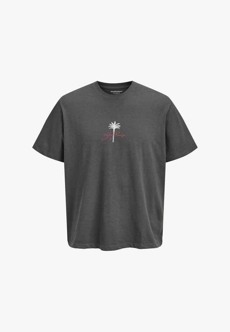 Dark gray cotton t-shirt with short sleeves, featuring a white palm tree graphic and red lettering that says “Sea Paradise” below the design.