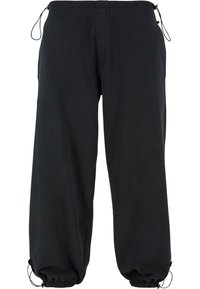 Sorte sweatpants lavet af blødt stof, med en løs pasform, elastiske manchetter og snøre i taljen til justerbar størrelse.