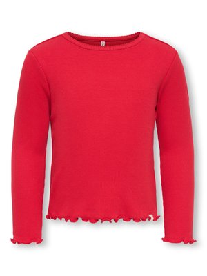 Red ribbed long-sleeve shirt with crew neck and ruffled edges on cuffs and hem, displayed on a white background.