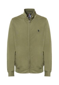 Giacca verde oliva con zip e colletto alto, polsini e orlo a costine. Presenta un piccolo logo nero sul petto e una texture liscia.