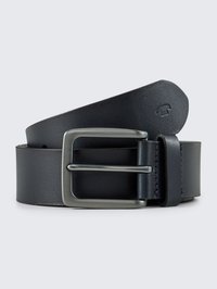 Ceinture en cuir noir avec une texture lisse, dotée d'une boucle rectangulaire en métal argenté et d'un logo subtilement embossé sur la sangle.
