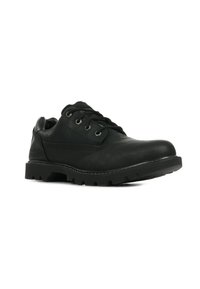 Scarpe in pelle nera con lacci e punta arrotondata, tomaia testurizzata, tacco rinforzato e suola in gomma resistente con scanalature profonde.