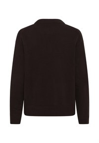 Dark brown knit sweater with a shawl collar, ribbed hems, and long sleeves. Smooth texture with a relaxed fit design.