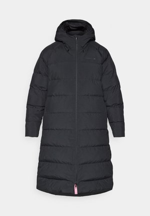 Czarna kurtka puchowa z kapturem, z pikowanymi sekcjami, przednim zamkiem błyskawicznym oraz różowym uchwytem zamka. Wykonana z teksturowanego, lekkiego materiału.