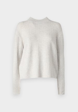 Light gray knitted sweater with a high neck, featuring vertical ribbed texture and cropped sleeves. Soft fabric with a cozy appearance.