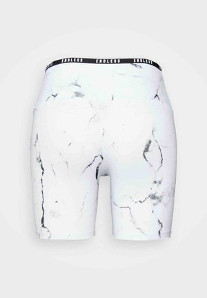Shorts de sport blancs avec motif marbre noir et taille élastique noire portant l'inscription "ENDLESS".