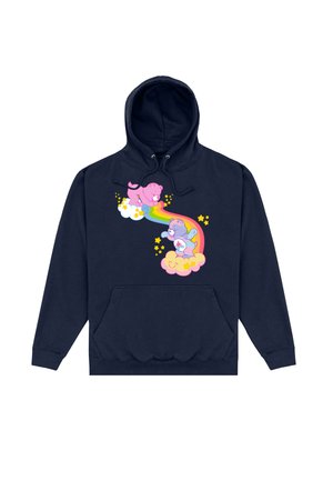 Granatowa bluza z kapturem z kieszenią z przodu, ozdobiona żywymi, kreskówkowymi niedźwiedziami, tęczą i chmurami, podkreślona gwiazdkami i wesołymi kolorami.