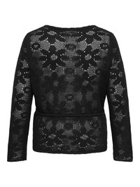 Črn dolg rokav kvačkan cardigan s cvetličnim vzorcem in odprto tkanino, z oprijetim pasom in okroglim izrezom.