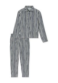 Gestreept loungewear-set in marineblauw en crème, bestaande uit een lange mouwen button-up top en bijpassende broek met rechte pijpen en knoopsluiting.