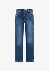 Vaqueros azules de pierna recta para mujer con bolsillos delanteros y traseros, cierre de botón y acabado en denim desgastado.