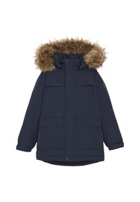 Marinblå parka med en huva klädd med konstpäls, två bröstfickor och två sidofickor; tillverkad av ett robust, vattenavvisande material.