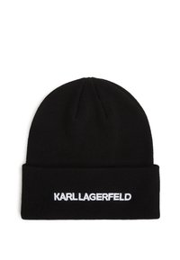 Beanie negru tricotat cu mansetă pliată, având textul brodat alb "KARL LAGERFELD" pe față. Textură netedă și potrivire strânsă.