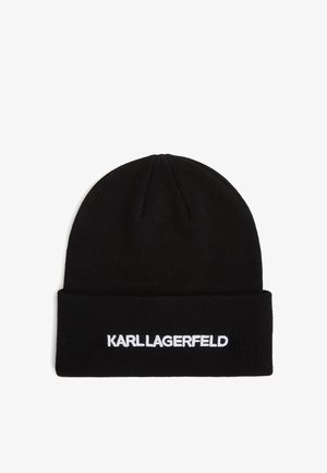 Black knit beanie with a folded cuff, featuring white embroidered text "KARL LAGERFELD" on the front. Smooth texture and snug fit.