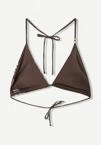 Top bikini triangolo marrone con sottili spalline annodate, realizzato in un tessuto testurizzato e con un piccolo accent metallico su una delle spalline. Logo alla base.