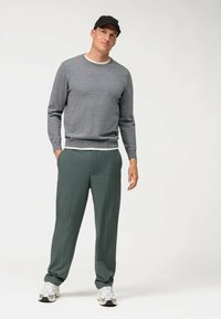 Grau gestrickter Pullover mit runder Halslinie und gerippten Bündchen, kombiniert mit grünen Hosen mit glatter Oberfläche. Das Model trägt weiße und silberne Sneakers.