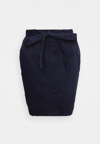 Jupe bleu marine longueur genou avec taille haute et ceinture en tissu nouée, avec une couture verticale centrale à l'avant.