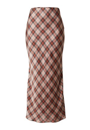 Hohe Taille, langer, enganliegender Rock mit diagonalem kariertem Muster in Orange, Schwarz und Beige und leichter Ausstellung am Saum.