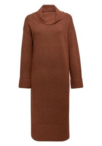 Abito in maglia marrone a collo alto, con maniche lunghe. Realizzato in tessuto a maglia testurizzata, presenta polsini a coste e una silhouette rilassata e dritta.