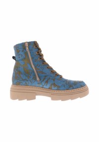 Blauwe veterschoen met een goud abstract patroon, voorzien van een zijrits, een beige plateauzool en een gestructureerde afwerking.