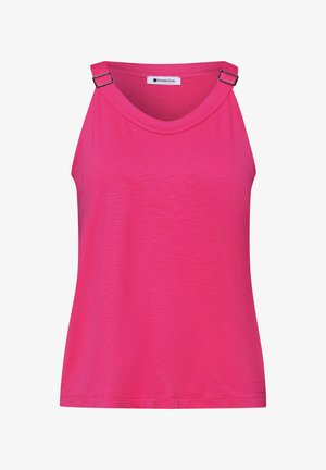 Haut sans manches rose vif avec encolure ronde et bretelles réglables à boucles sur les deux épaules.