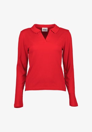 Rotes, geripptes Langarm-Polohemd mit V-Ausschnitt und Kragen. Aus glattem Stoff gefertigt, verfügt es über ein Logotag am Ausschnitt.