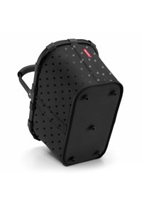 Schwarzer Rucksack mit Polka-Dot-Muster, ausgestattet mit einem stabilen Griff und einer strukturierten Form. Texturiertes Material mit sichtbaren Hardware-Details.