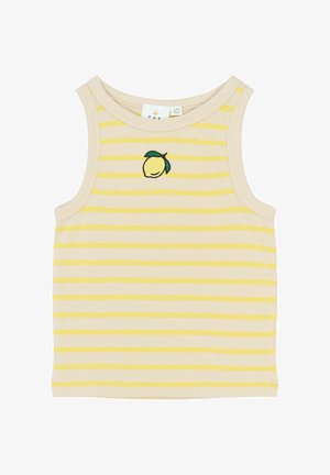 Smal tanktop i lys beige med gule vandrette striber og en citron broderet i midten. Lavet af blødt bomuldsstof.