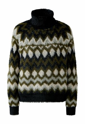 Mikrofaser-Pullover mit hohem Kragen, geprägt von einem Zickzackmuster in verschiedenen Grüntönen, Schwarz und Creme, sowie strukturiertem Stoff und gerippten Bündchen.