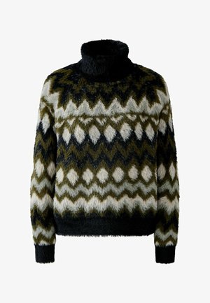 Faux fur trui met een hoge kraag, voorzien van een zigzagpatroon in tinten groen, zwart en gebroken wit, met een textuurstof en geribde manchetten.