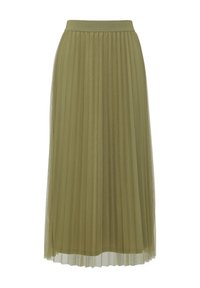 Olijfgroene, geplooide maxi rok met een textuur tailleband; doorschijnende stof overlay; enkellang met een vloeiende lijn.