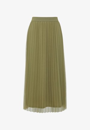 Oliwkowo-zielona, plisowana spódnica maxi z teksturowanym pasem; przezroczysta powłoka; długości do kostek o zwiewnym fasonie.