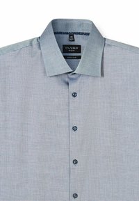 Light blue patterned button-up shirt with a super slim fit, featuring a classic collar and dark buttons. Tag shows size 40.