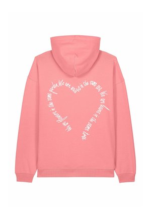 Roze hoodie met een ontwerp van witte tekst in de vorm van een hart op de achterkant. Materiaal: zachte stof, ontspannen pasvorm. Ribgebreide manchetten en zoom.