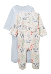 Deux grenouillères pour bébé : l'une est bleu clair avec un col arrondi, l'autre est couleur crème avec des motifs de crabe, d'étoile de mer et de coquillage dans différentes couleurs.