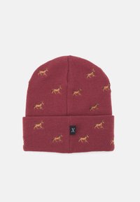 Bordeaux-rotes Strickmütze mit umgeschlagenem Saum; zeigt gestickte Pferdemotive in Gold und Braun; weiche Textur, lässiges Design.