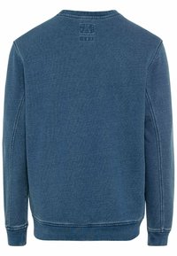 Felpa blu realizzata in tessuto morbido, con collo a giro, polsini a costine e un logo ricamato sul retro vicino al collo.
