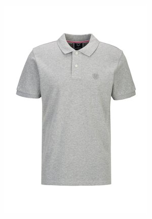 Lichtgrijs poloshirt met korte mouwen, twee witte knopen en een klein geborduurd logo op de linkerborst.