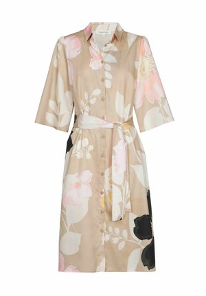 Blousejurk van katoenmix met korte mouwen, beige achtergrond, bloemenprint in roze, zwart en geel, voorzien van knopen en een tailleceintuur.