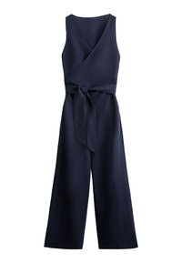 Marineblaue ärmellose Kombijacke mit Wickeldesign, Bindegürtel und weitem Bein, gefertigt aus leichtem Stoff mit glatter Textur.