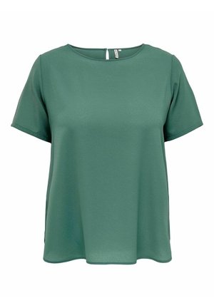 Blouse verte à manches courtes avec encolure ronde et fermeture par boutons dans le dos, en tissu lisse et léger, coupe ample.