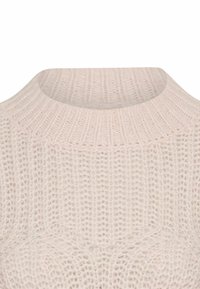 Hellrosa, gestrickter Pullover mit einem hohen Kragen, gerippter Textur und offener Webstruktur. Weicher, leichter Stoff mit einem lässigen Schnitt.