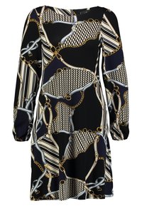 Långärmad klänning i svart med ett mönster av kedjor, remmar och geometriska former. Slät tyg med en figurnära kropp och utställd kjol.