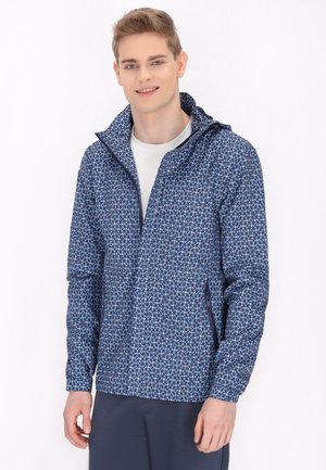 Marineblauwe jas met een bloemmotief, voorzien van een rits aan de voorkant, een capuchon en zijzakken. Gemaakt van een lichtgewicht, gestructureerde stof.