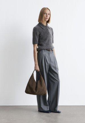 Gray fuzzy knit polo shirt, tailored gray pleated trousers, brown suede handbag, and dark shoes. Minimalist design with soft textures.